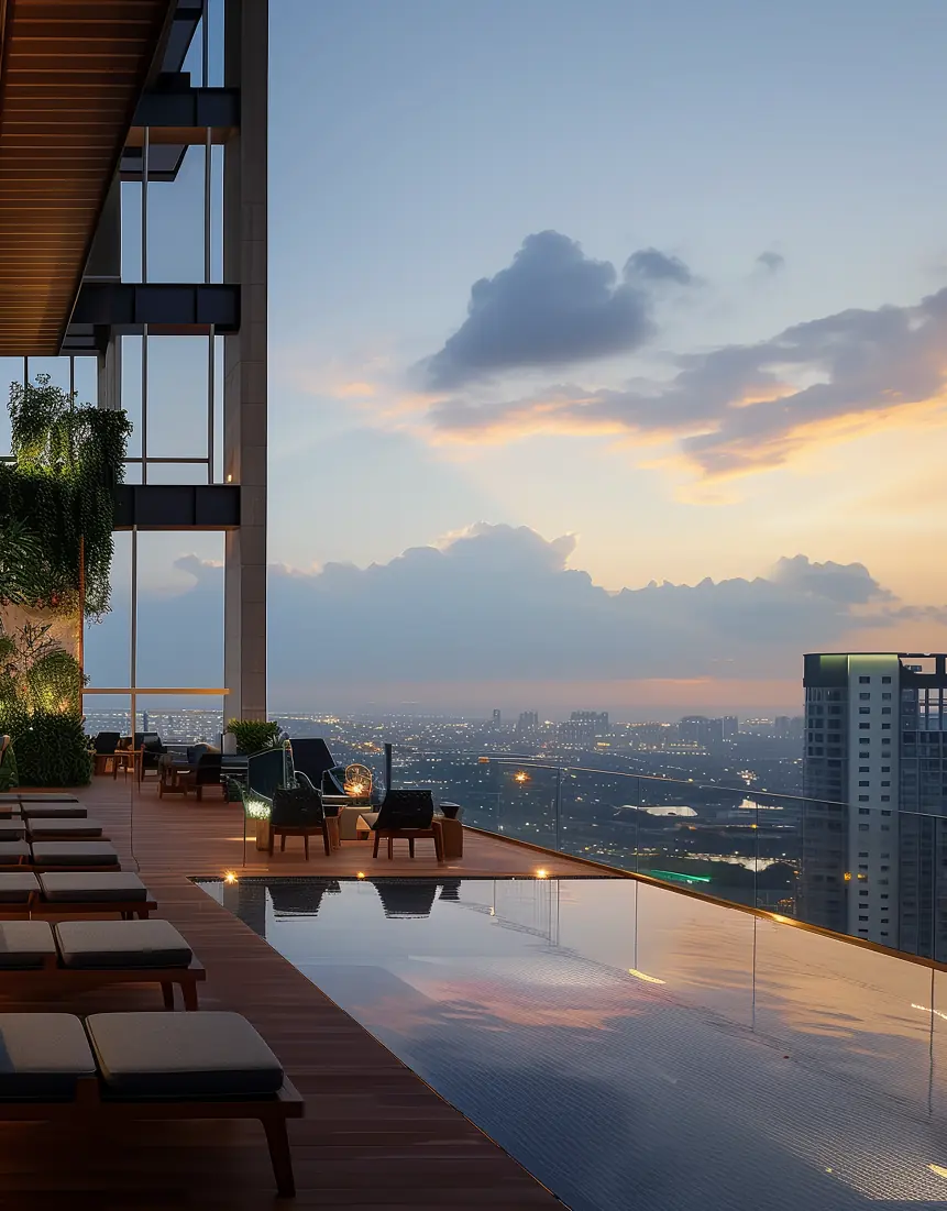 Infinity pool overlooking the city at Ganga Anantam