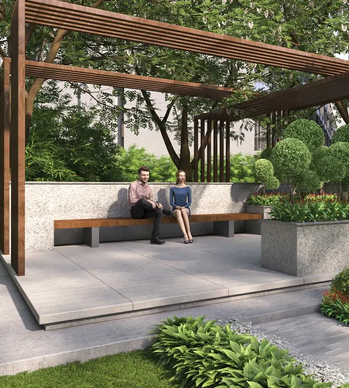 Ganga Kashi Residences — landscaped green seating area