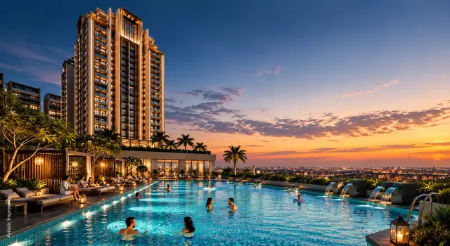 Ganga Nine Zero, Sector 90 — tower and pool deck at sunset