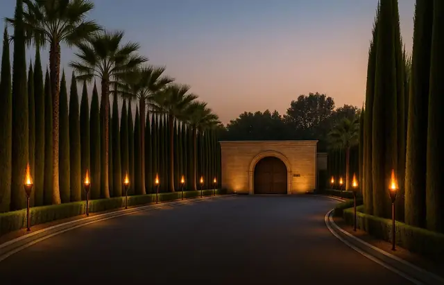 Ganga Nine Zero — Flambeau Boulevard entrance lit by torches